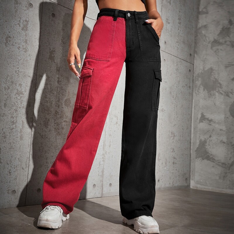 

High Waist Two Tone Flap Pocket Wide Leg Jeans, Multicolor