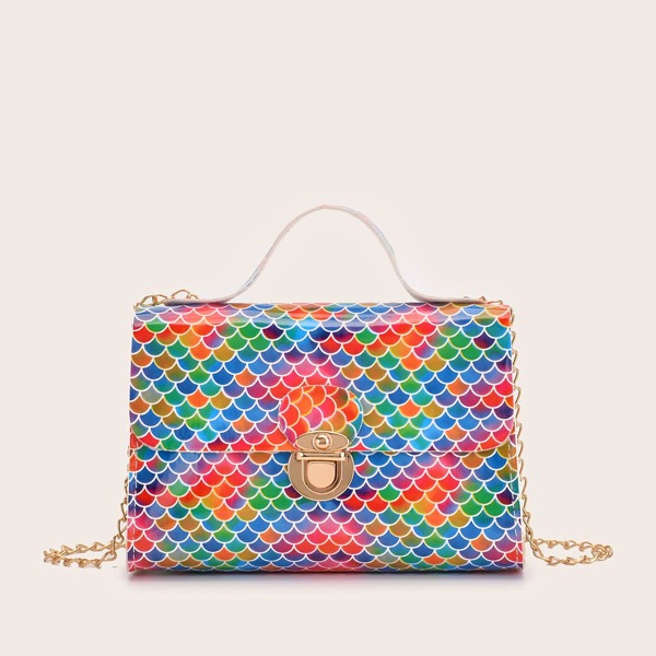 

Colorblock Fish Scale Push Lock Satchel Bag, Multicolor