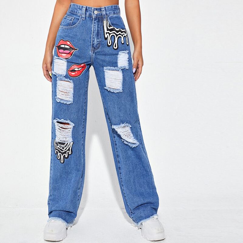 

High Waist Mouth & Graphic Print Ripped Raw Hem Jeans, Medium wash