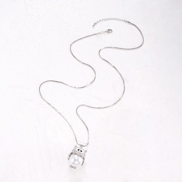 

Faux Pearl & Rhinestone Owl Charm Necklace, Silver