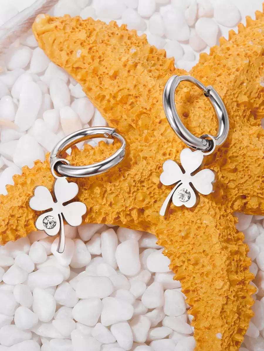 1 chiếc hoa tai hình cỏ bốn lá, trang sức bằng thép không gỉ cho ngày lễ tình nhân, mẹ, mẹ, ngày của mẹ, quà tặng - Bạc - Xem 1