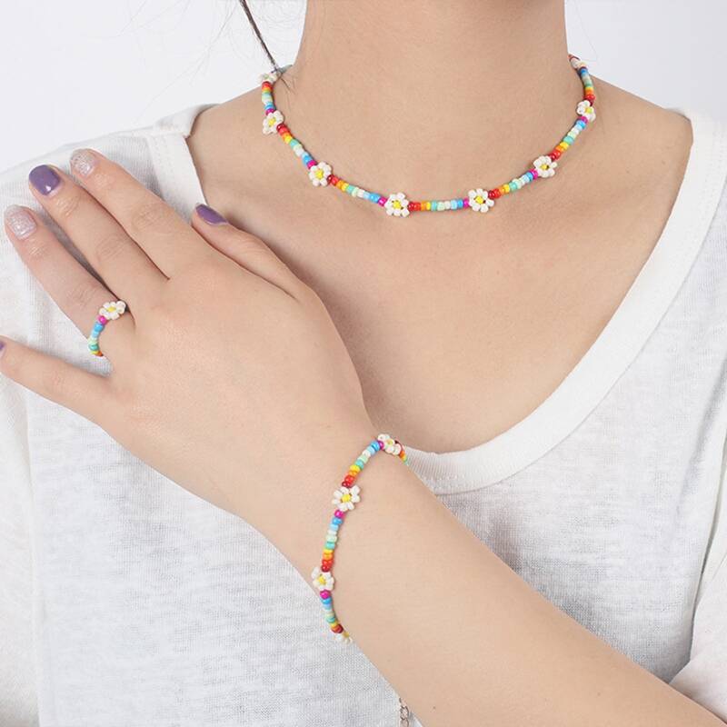 

3pcs Flower Beaded Jewelry Set, Multicolor