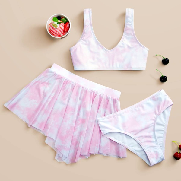 

3pack Girls Tie Dye Bikini Swimsuit With Beach Skirt, Pink