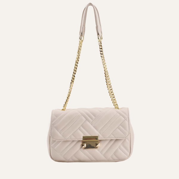 

Metal Lock Quilted Chain Satchel Bag, Beige