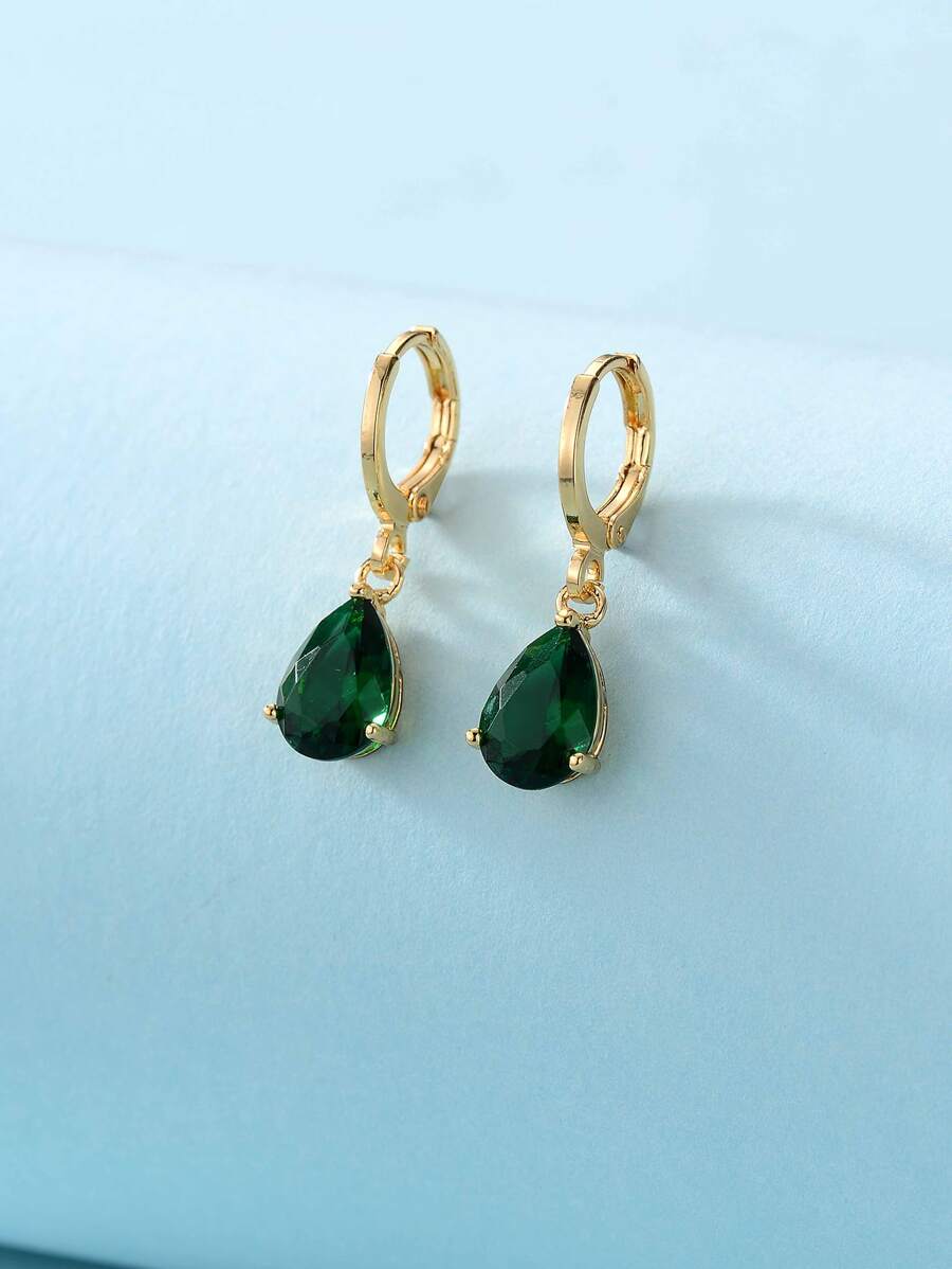Cubic Zirconia Water Drop Earrings - Dark Green - View 1