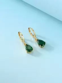 Cubic Zirconia Water Drop Earrings - Dark Green - View 2