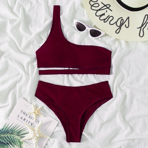 

Cut Out One Shoulder Bikini Swimsuit, Burgundy