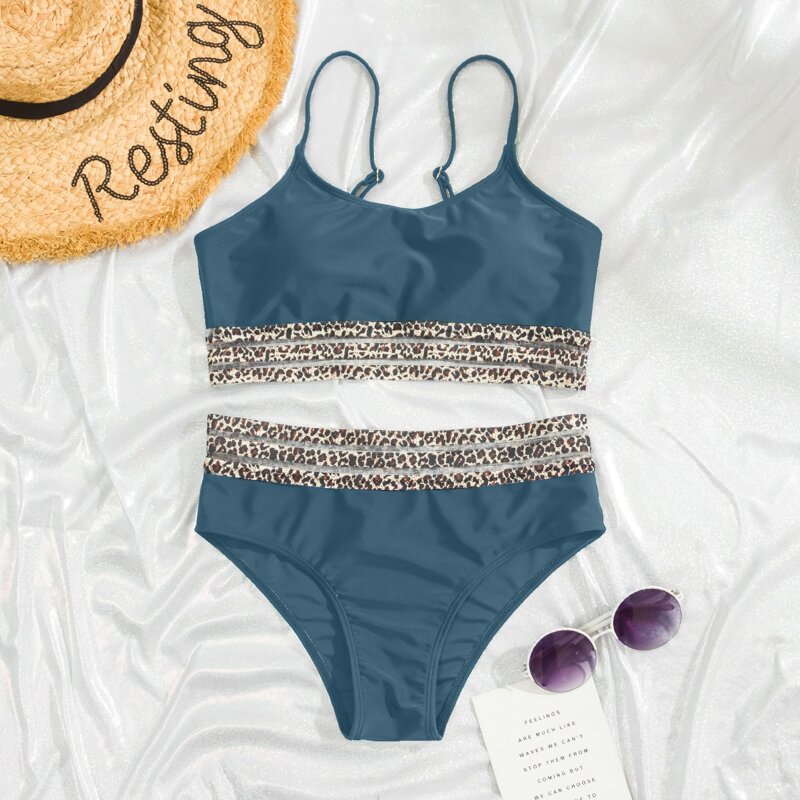 

Leopard Mesh Trim Bikini Swimsuit, Grey