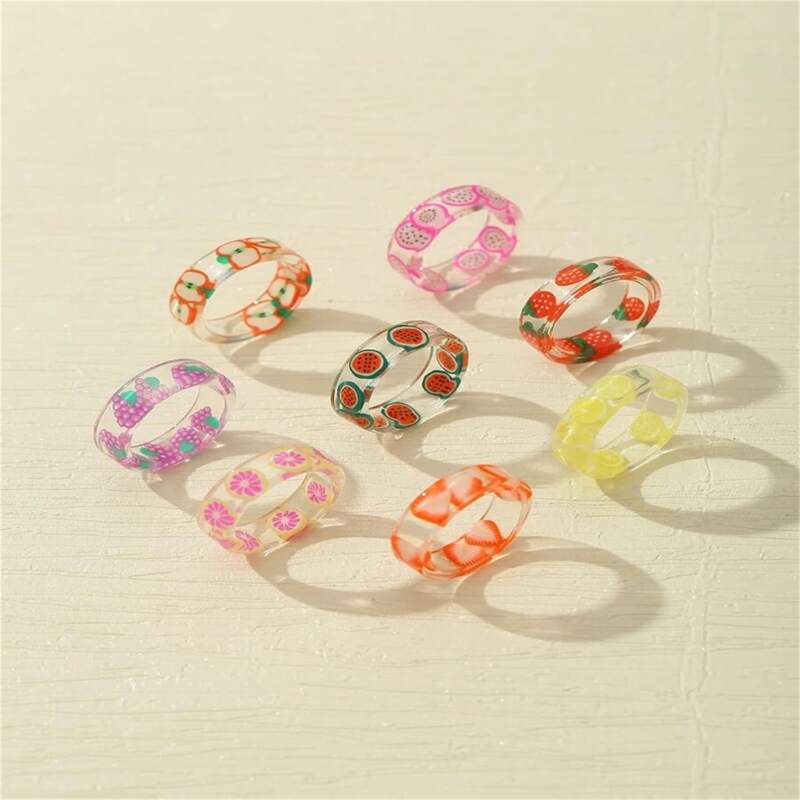 

8pcs Clear Fruit Print Ring, Multicolor