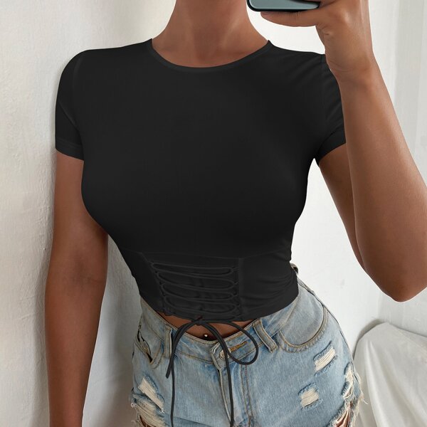 

Lace Up Front Crop Tee, Black