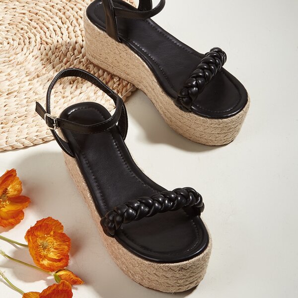 

Braided Ankle Strap Flatform Sandals, Black
