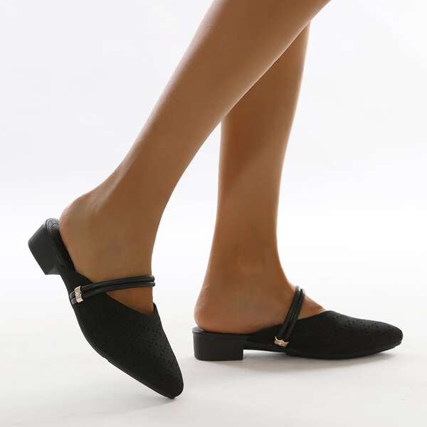 

Quilted Block Heeled Flat Mules, Black
