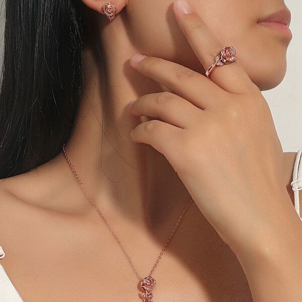 

4pcs Rhinestone Flower Decor Jewelry Set, Rose gold