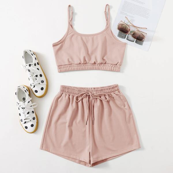 

Solid Cami Top & Drawstring Track Shorts, Dusty pink