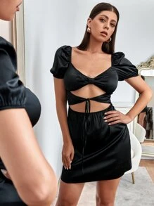 SHEIN Unity Solid Tie Front Peekaboo Dress - Black - View 1