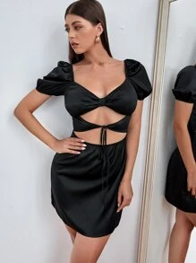 SHEIN Unity Solid Tie Front Peekaboo Dress - Black - View 4