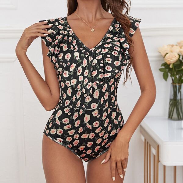 

Floral Print Ruffle Trim Backless Bodysuit, Black