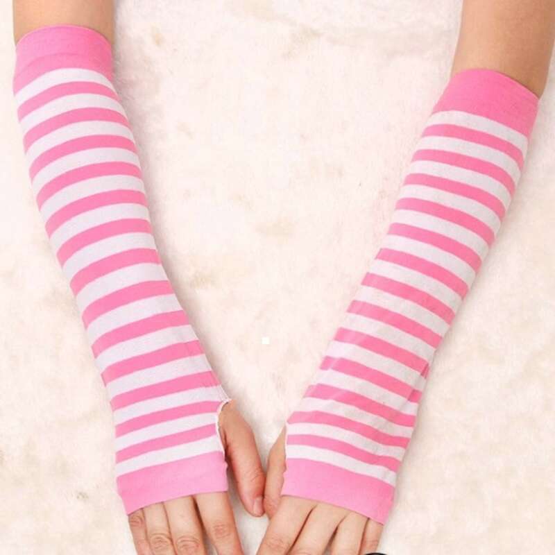 

Striped Long Fingerless Gloves, Pink