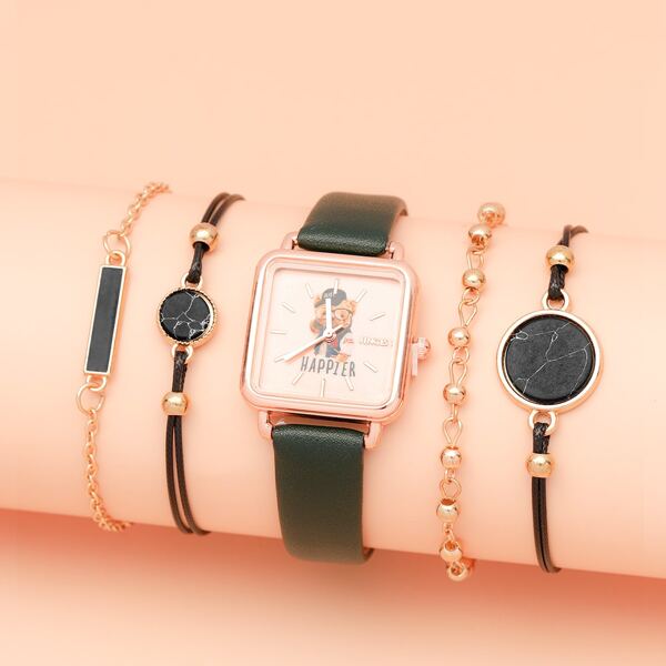 

1pc Teddy Bear Print Dial Quartz Watch & 4pcs Bracelet