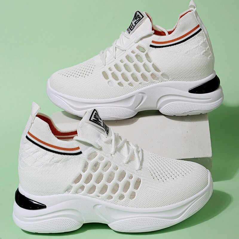 

Striped Pattern Lace Up Decor Knit Chunky Sneakers, White