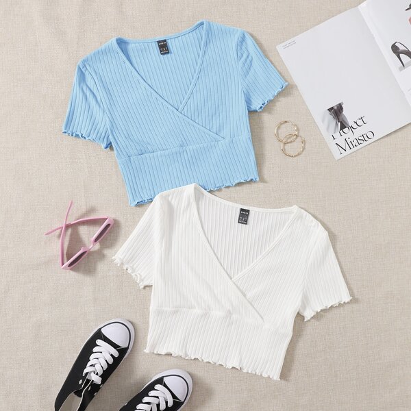 

2 Pack Surplice Neck Lettuce Trim Rib-knit Tee, Blue and white