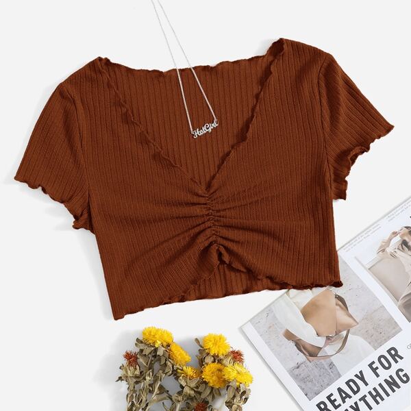 

Ruched Detail Lettuce Trim Tee, Brown