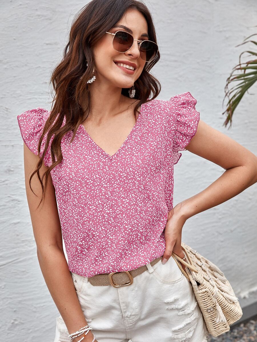 SHEIN Clasi V-neck Allover Plants Print Top - Pink - View 1