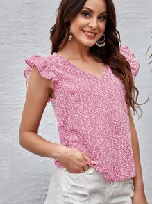 SHEIN Clasi V-neck Allover Plants Print Top - Pink - View 3