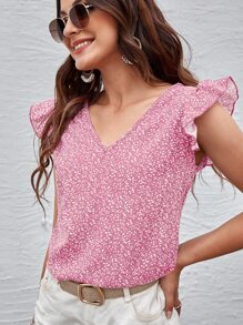 SHEIN Clasi V-neck Allover Plants Print Top - Pink - View 5