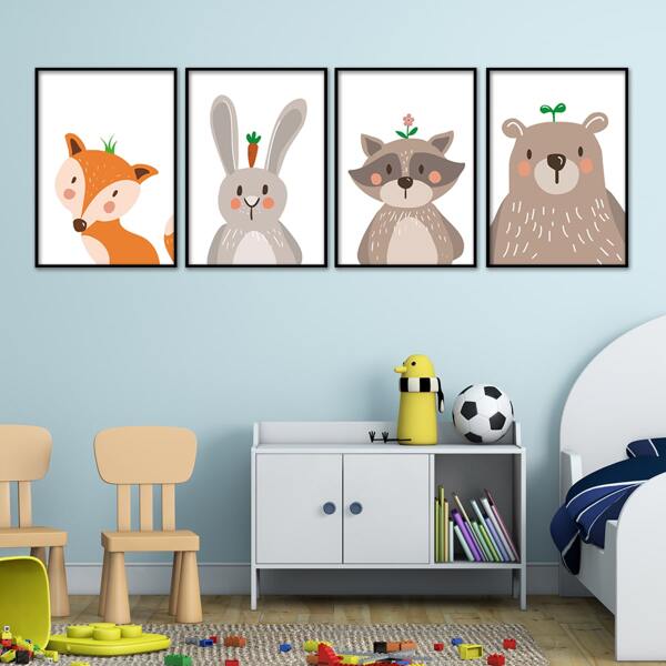 

4pcs Cartoon Graphic Kids Unframed Painting, White