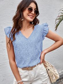 SHEIN Clasi Top con estampado de plantas escote V - Celeste - Ver 1