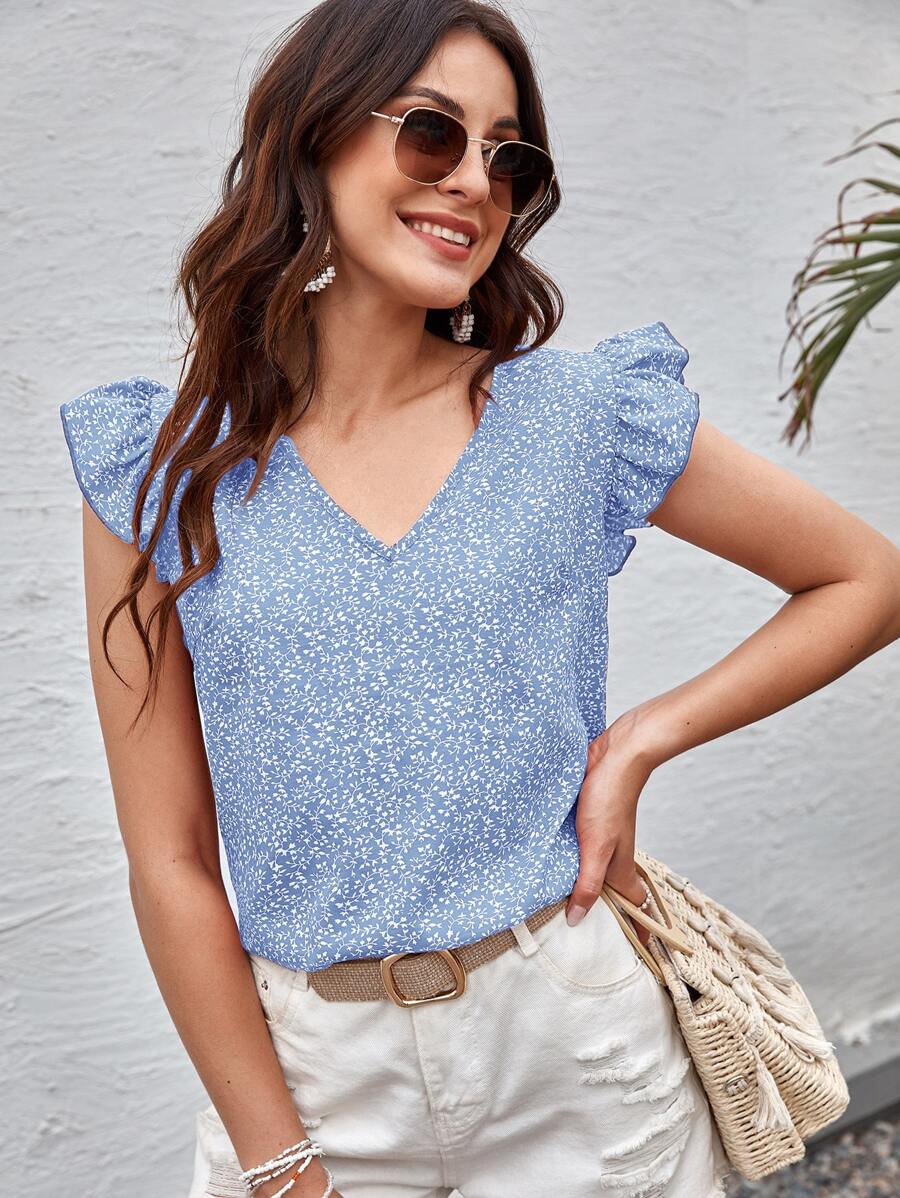 SHEIN Clasi Top con estampado de plantas escote V - Celeste - Ver 1