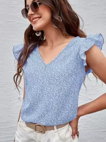 SHEIN Clasi Top con estampado de plantas escote V - Celeste - Ver 5