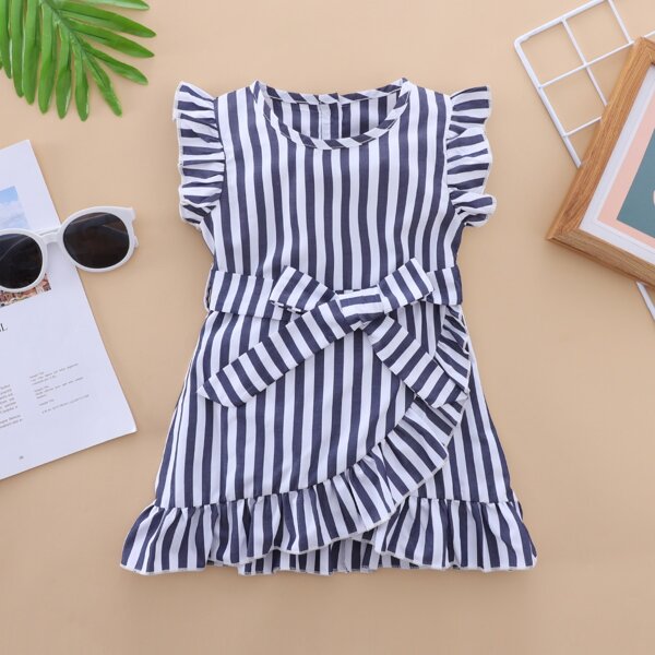 

Baby Girl Striped Self Tie Wrap Dress, Blue and white