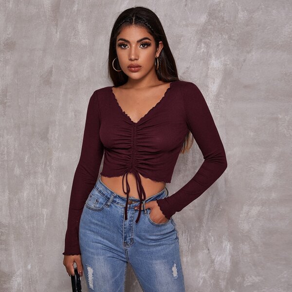 

Lettuce Trim Drawstring Ruched Front Solid Tee, Burgundy