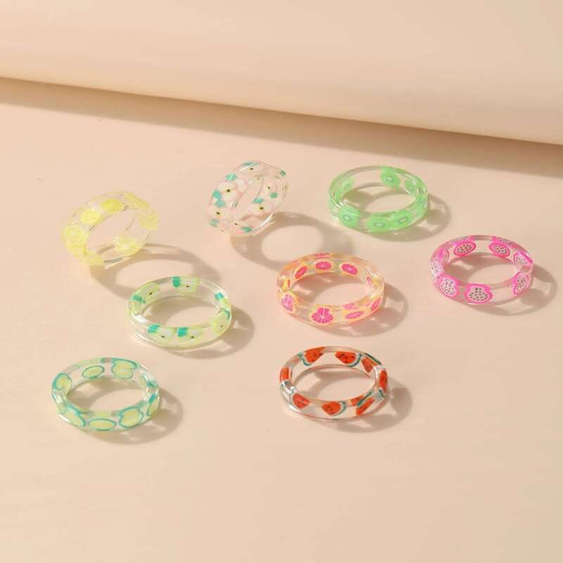 

8pcs Clear Fruit Print Ring, Multicolor