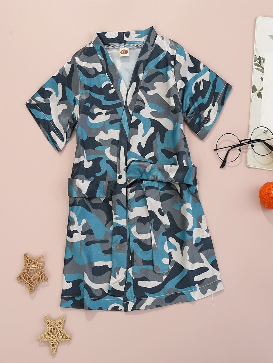 小男童迷彩睡袍帶腰帶