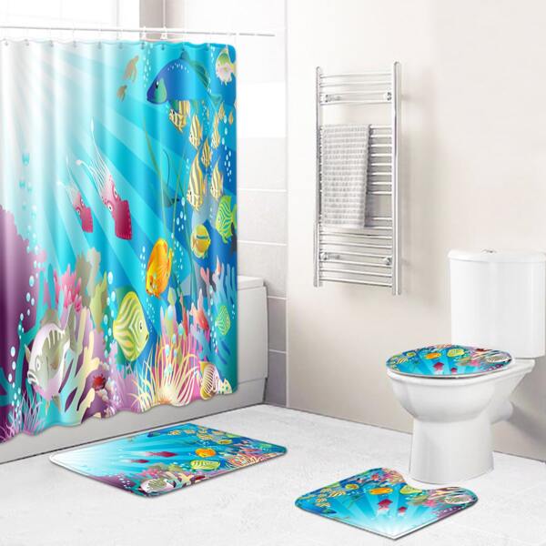 

1pc Fish Print Shower Curtain Or 1pc Bath Mat, Multicolor