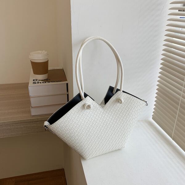 

Minimalist Braided Design Shoulder Tote Bag With Pouch, White