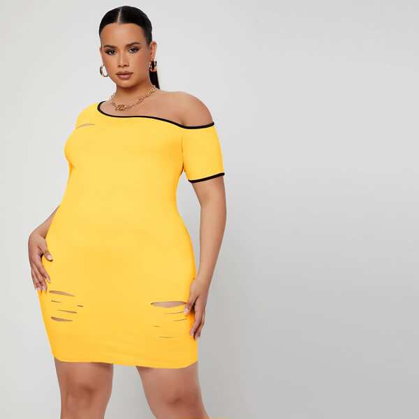 

Plus Ripped Contrast Trim Asymmetrical Neck Bodycon Dress, Yellow