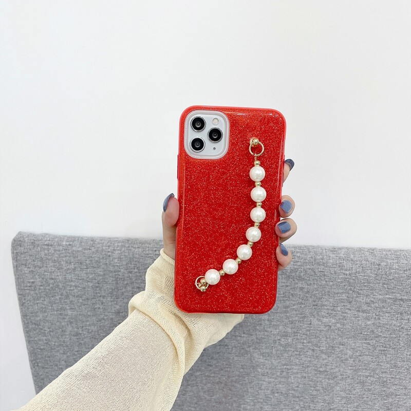 

Faux Pearl Hand Strap Phone Case, Red