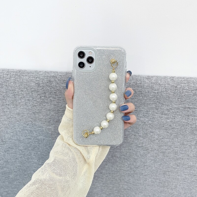 

Faux Pearl Hand Strap Glitter Phone Case, White