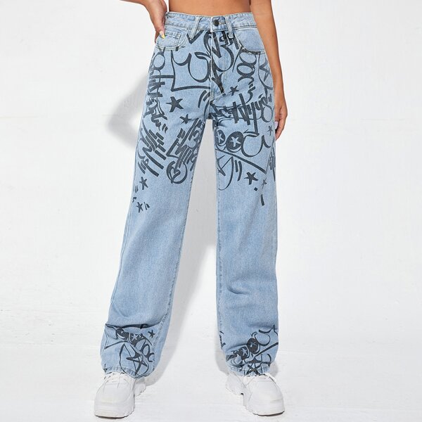

High Waist Letter Graphic Straight Leg Jeans, Light wash