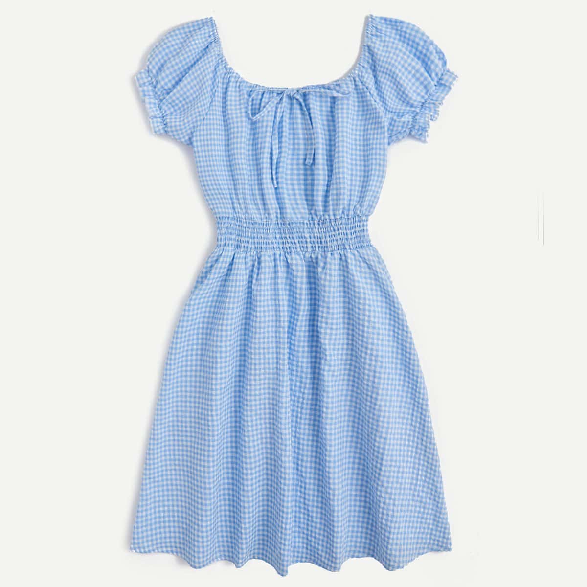 

Gingham Shirred Dress, Blue