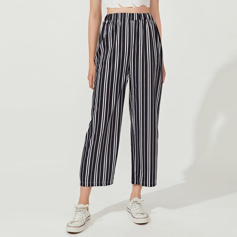 

Striped Elastic Waist Pants, Black and white