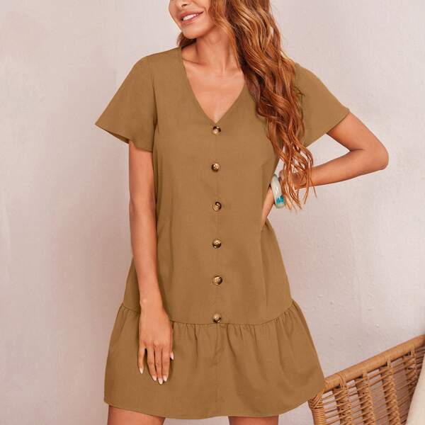 

Button Detail Ruffle Hem Dress, Khaki
