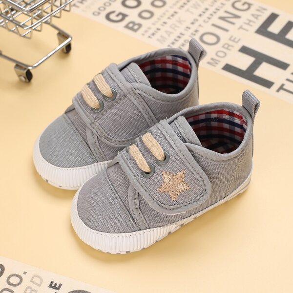 

Baby Boy Star Embroidery Velcro Strap Flats, Grey