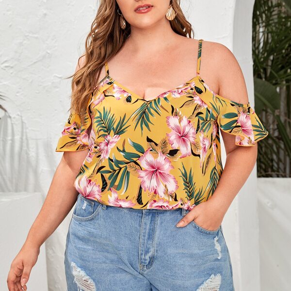 

Plus Cold Shoulder Tropical Top, Multicolor