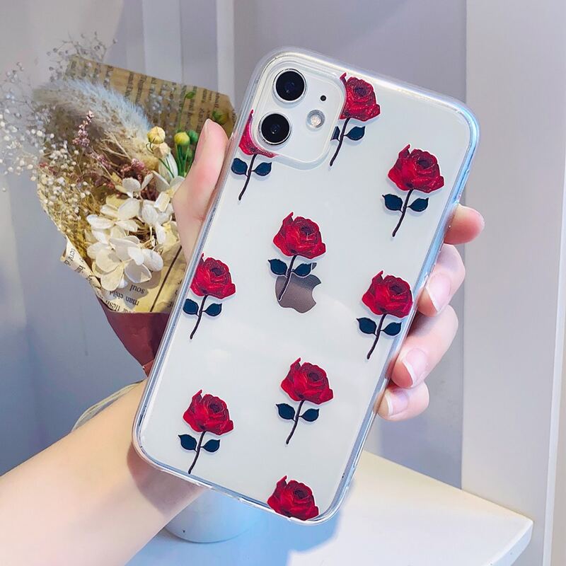

Clear Floral Pattern Phone Case, Red