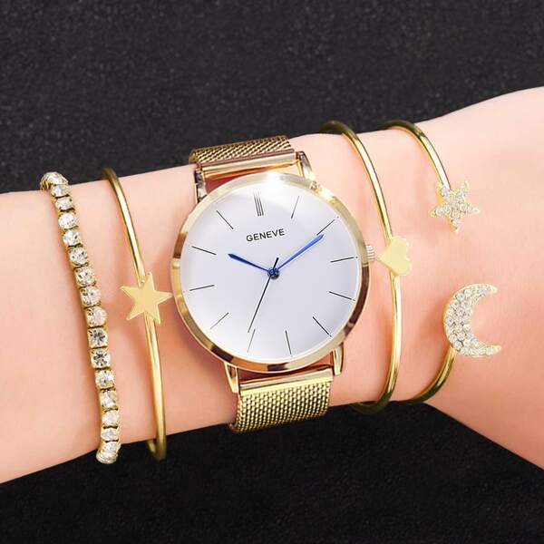 

1pc Simple Mesh Strap Quartz Watch & 4pcs Bracelet